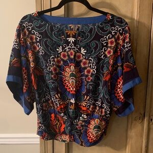 Anthropologie Navy Floral Print Short Sleeve Blouse -/Orange SZ XS